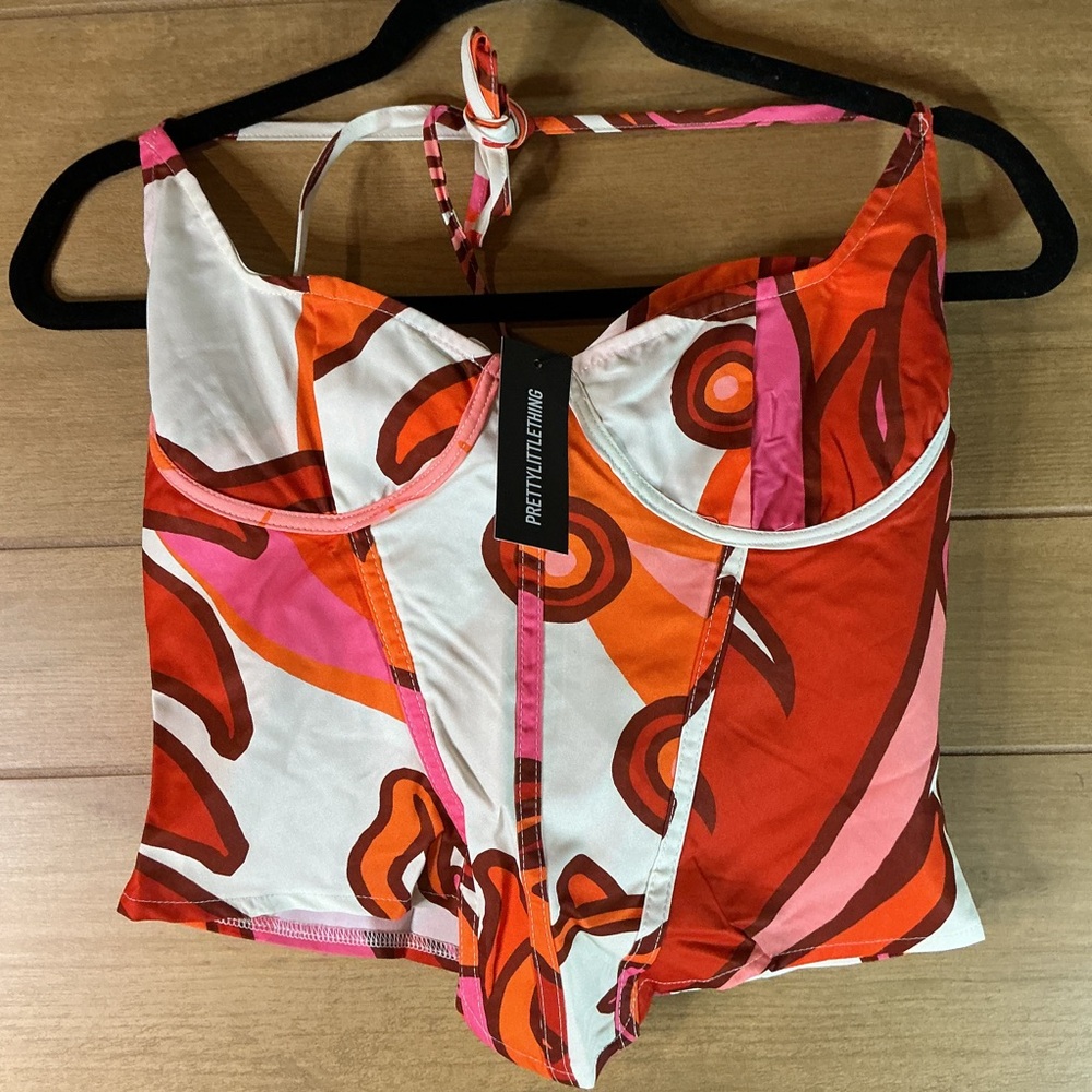 PrettyLittleThing Red and Orange Abstract Corset Top New with Tag Size 4 New